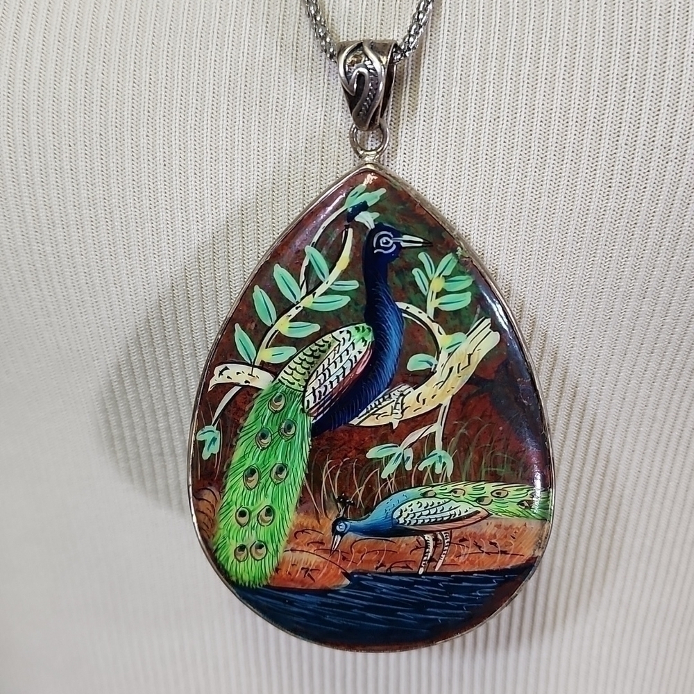 HAND-PAINTED Sterling Peacock Lg Pendant
